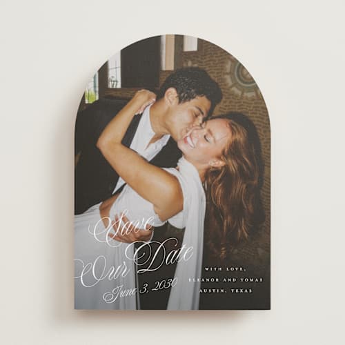 This is a pearl save the date with standard by Leah Bisch called scripted date printing on recycled smooth signature in standard