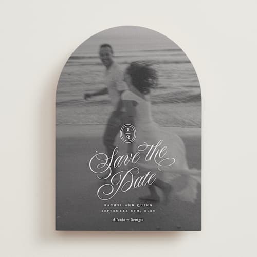 This is a ivory save the date with standard by Paper Raven Co. called vintage romance printing on recycled smooth signature in standard