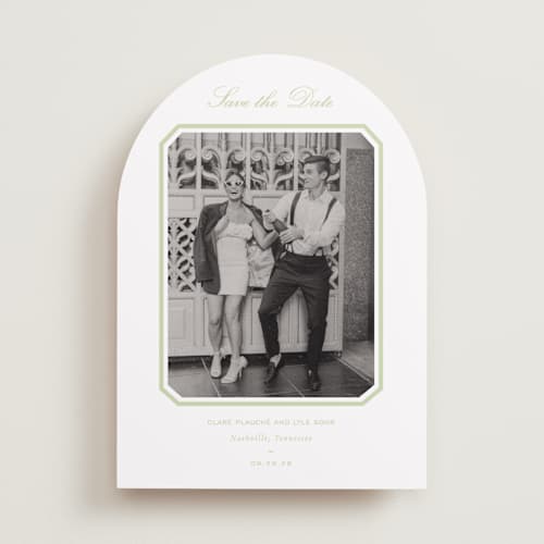 This is a mint save the date with standard by Sara Hicks Malone called montgomery printing on recycled smooth signature in standard