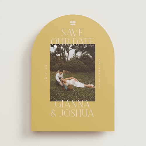 This is a summer citrus save the date with standard by Vera Lim called the gallery printing on recycled smooth signature in standard