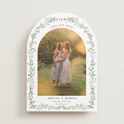 This is a mojito save the date with standard by Susan Moyal called monogramed arch printing on recycled smooth signature in standard