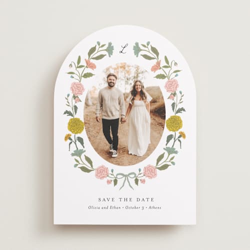This is a swan save the date with standard by Lori Wemple called botanical cameo printing on recycled smooth signature in standard