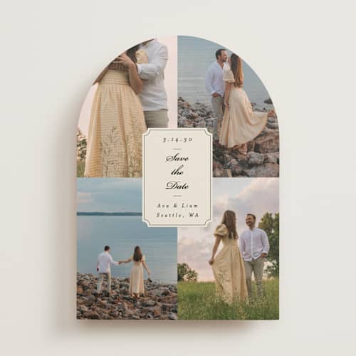 This is a cream save the date with standard by Ashley Iwafuchi called vintage wishes printing on recycled smooth signature in standard