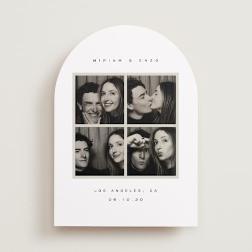 This is a powder save the date with standard by Emily Sabol Goss called snapped moments printing on recycled smooth signature in standard
