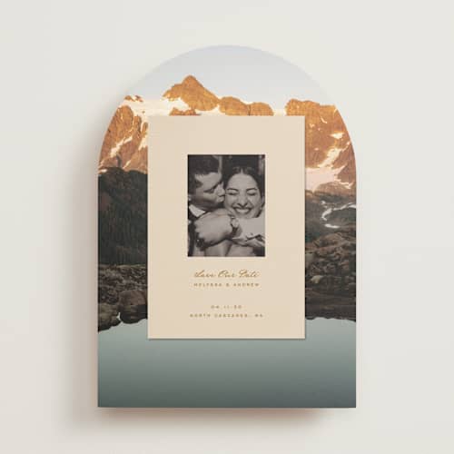 This is a sand save the date with standard by Claudia Orengo called location printing on recycled smooth signature in standard