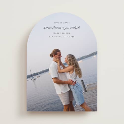 This is a tuxedo save the date with standard by Michelle Buckner called horizon printing on recycled smooth signature in standard