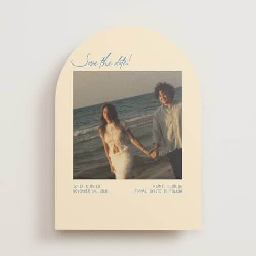 This is a beachy save the date with standard by Design Lotus called the summer we said yes printing on recycled smooth signature in standard