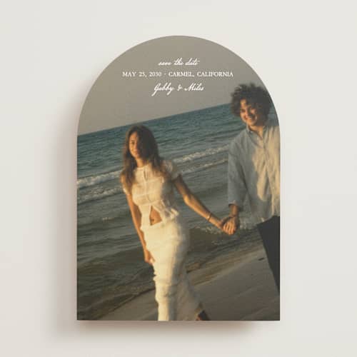 This is a snow save the date with standard by Kate Ahn called alma printing on recycled smooth signature in standard