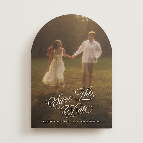 This is a ivory save the date with standard by Shirley Lin Schneider called classic romanticism printing on recycled smooth signature in standard