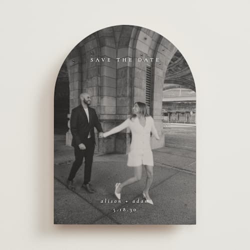 This is a cotton save the date with standard by Amy Kross called veneer printing on recycled smooth signature in standard