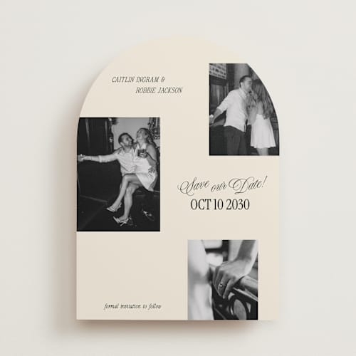 This is a cream save the date with standard by Robert and Stella called saved snaps printing on recycled smooth signature in standard