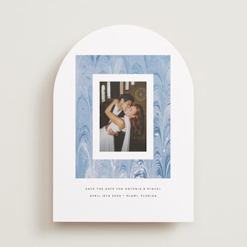 This is a sea save the date with standard by Olivia Kanaley Inman called marbled printing on recycled smooth signature in standard