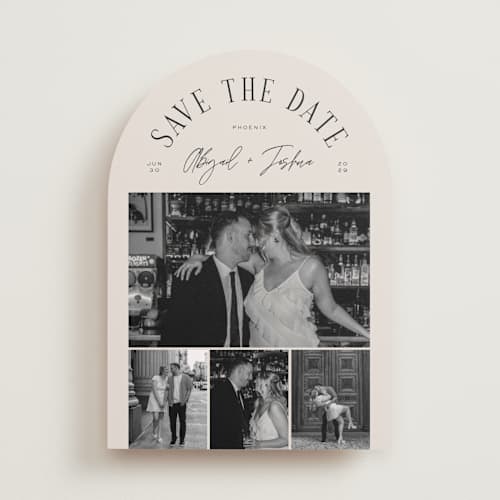This is a taupe save the date with standard by Michelle Taylor called archway printing on recycled smooth signature in standard