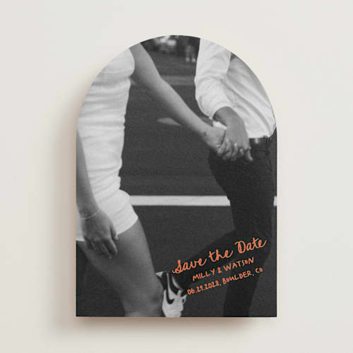 This is a tangerine save the date with standard by Jelena Vuletic called imprint printing on recycled smooth signature in standard