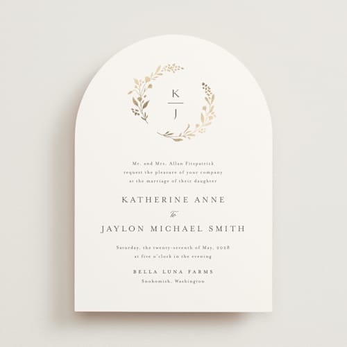 This is a cloudy foil stamped wedding invitations with foil pressed by Jennifer Postorino called embrace printing on signature in standard