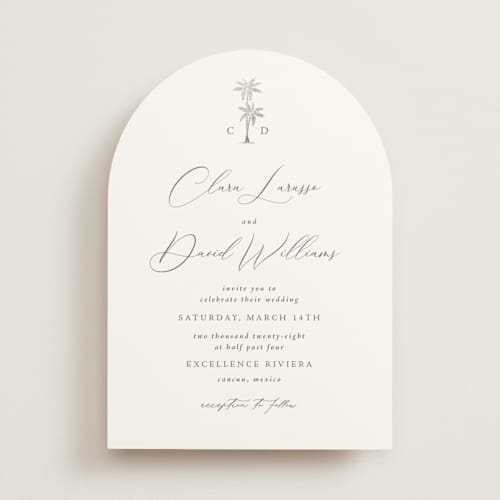 This is a dusty blue foil stamped wedding invitations with foil pressed by Olivia Raufman called palm monogram printing on signature in standard