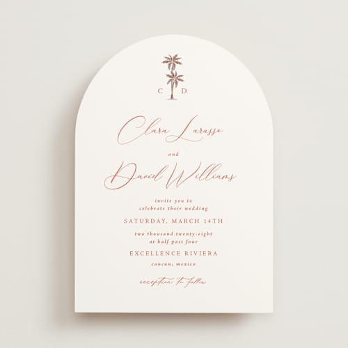 This is a persimmon foil stamped wedding invitations with foil pressed by Olivia Raufman called palm monogram printing on signature in standard