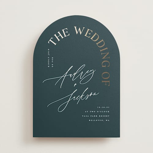 This is a midnight green foil stamped wedding invitations with foil pressed by Vera Lim called the arc printing on signature in standard