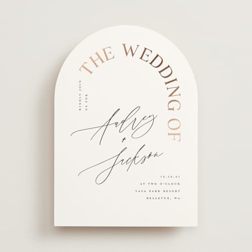This is a marshmallow foil stamped wedding invitations with foil pressed by Vera Lim called the arc printing on signature in standard