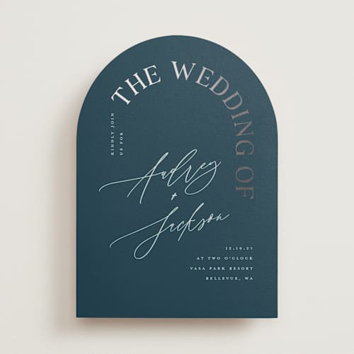 This is a navy foil stamped wedding invitations with foil pressed by Vera Lim called the arc printing on signature in standard