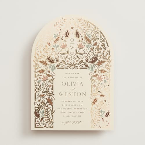 This is a branch foil stamped wedding invitations with foil pressed by Erin German called autumnal arch printing on signature in standard