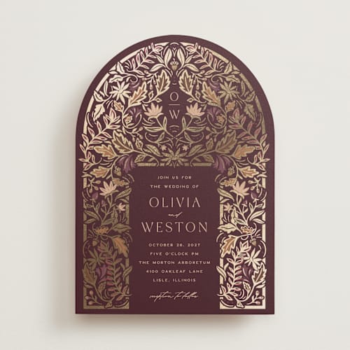 This is a berry foil stamped wedding invitations with foil pressed by Erin German called autumnal arch printing on signature in standard