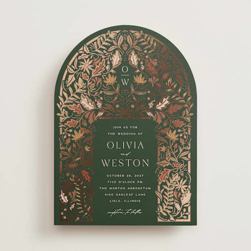 This is a leaf foil stamped wedding invitations with foil pressed by Erin German called autumnal arch printing on signature in standard