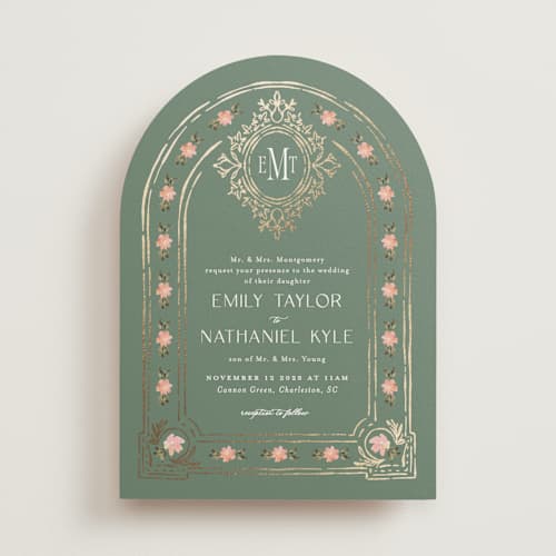 This is a pine foil stamped wedding invitations with foil pressed by Claudia Orengo called princess printing on signature in standard