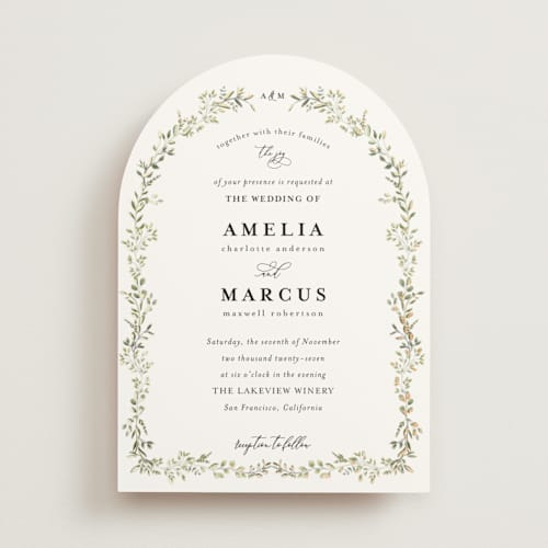 This is a sage foil stamped wedding invitations with foil pressed by Susan Moyal called monogramed arch printing on signature in standard