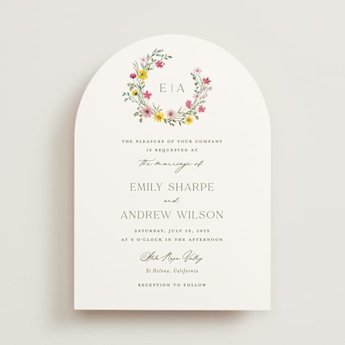This is a peony wedding invitations with standard by Yaling Hou Suzuki called wildflower wreath printing on signature in standard