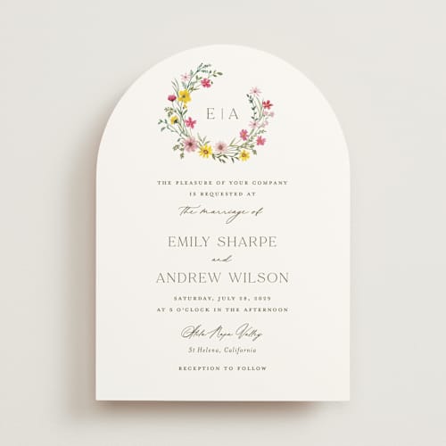 This is a peony wedding invitations with standard by Yaling Hou Suzuki called wildflower wreath printing on signature in standard