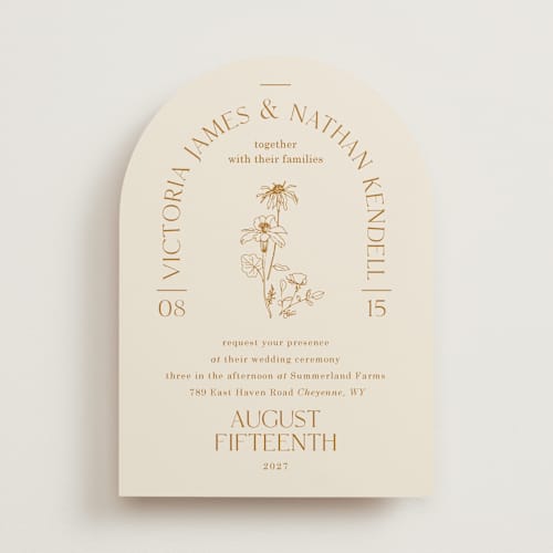 This is a cream wedding invitations with standard by Baumbirdy called floral type arch printing on signature in standard