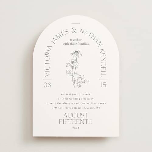 This is a charcoal wedding invitations with standard by Baumbirdy called floral type arch printing on signature in standard