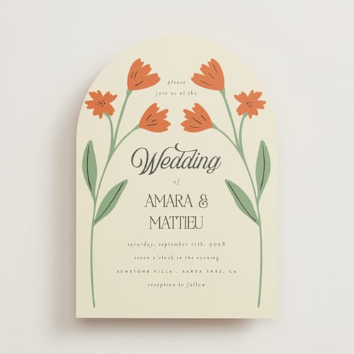 This is a coral wedding invitations with standard by Morgan Kendall called vintage wildflowers printing on signature in standard