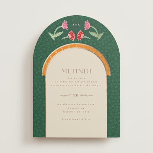 This is a sindoor foil stamped wedding invitations with foil pressed by Creo Study called indian garden printing on signature in standard