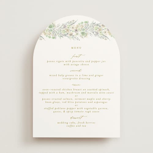 This is a greenery menu cards with standard by Phrosné Barwood called floral arch printing on signature in 5x7