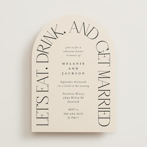 This is a ivory rehearsal dinner invitations with standard by Amy Payne called eat drink get married printing on signature in standard