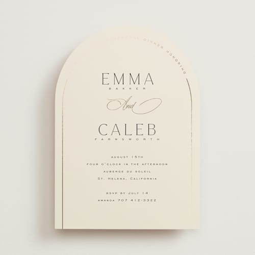 This is a cream rehearsal dinner invitations with foil pressed by Benita Crandall called chic arch printing on signature in standard