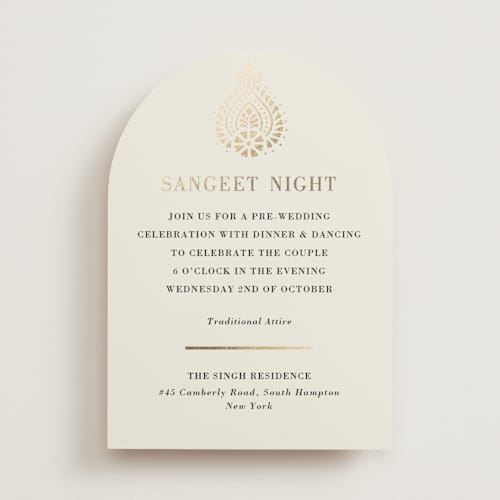 This is a champagne foil stamped wedding invitations with foil pressed by Oma N. Ramkhelawan called henna stamp printing on signature in standard