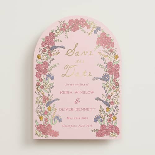 This is a tea rose foil stamped save the date cards with foil pressed by Sarah Rosenthal called evergold blooms printing on signature in standard
