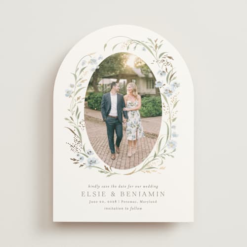 This is a blue bonnet foil stamped save the date cards with foil pressed by Erin L. Wilson called meadow printing on signature in standard