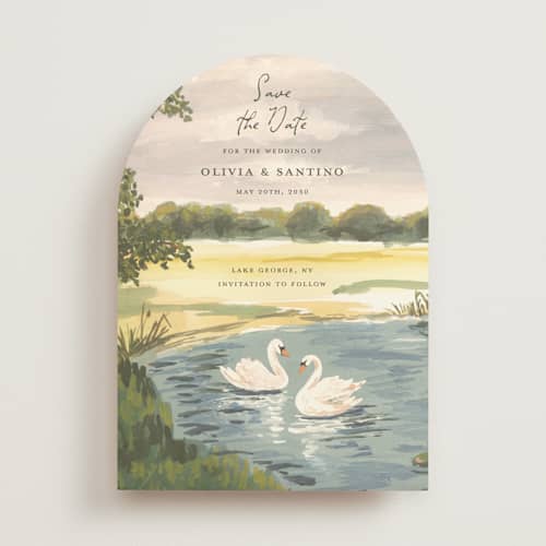 This is a lake save the date with standard by Teju Reval called dreamy pond printing on signature in standard
