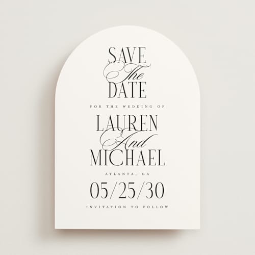 This is a obsidian save the date with standard by Jennifer Postorino called stacked type printing on signature in standard