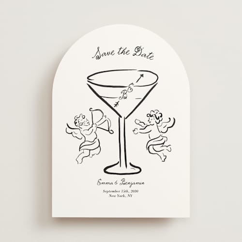 This is a leather save the date with standard by Helena Vitto called happiest hour printing on signature in standard