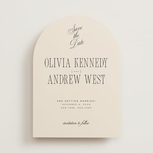 This is a almond save the date with standard by Eric Clegg called modern romance printing on signature in standard