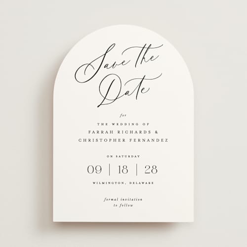 This is a pearl save the date with standard by Hooray Creative called beautifully scripted printing on signature in standard