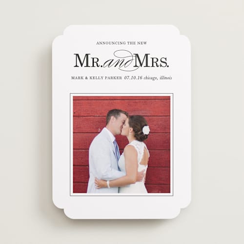This is a coal wedding announcements with standard by Leslie Ann Jones called same last name printing on recycled smooth signature in standard