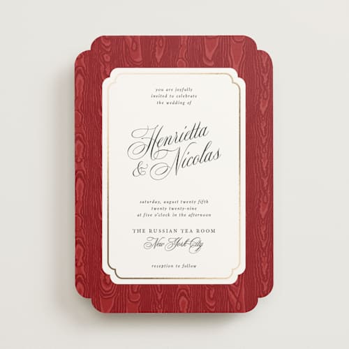 This is a crimson foil stamped wedding invitations with foil pressed by Studio Suku called moiré printing on signature in standard