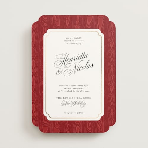 This is a crimson foil stamped wedding invitations with foil pressed by Studio Suku called moiré printing on signature in standard