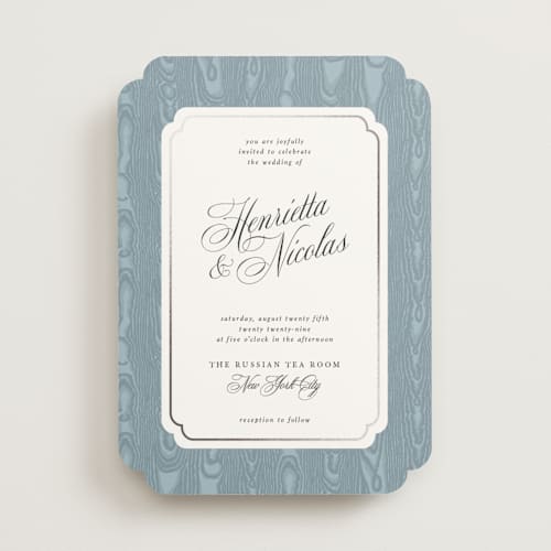 This is a ciel foil stamped wedding invitations with foil pressed by Studio Suku called moiré printing on signature in standard